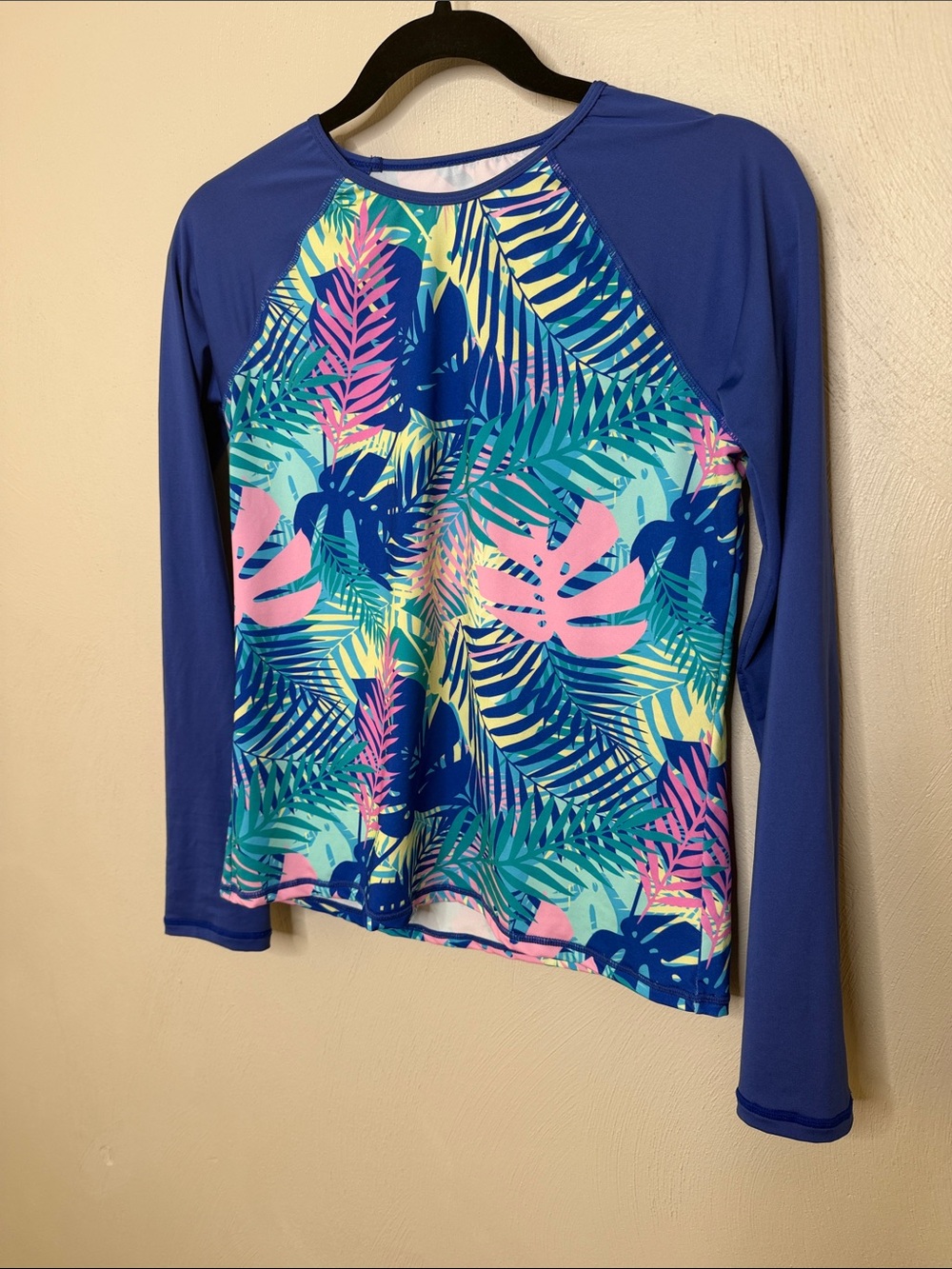 Girls’ Lands' End Long-Sleeve Tropical Rash Guard - Blue & Floral size 14-16